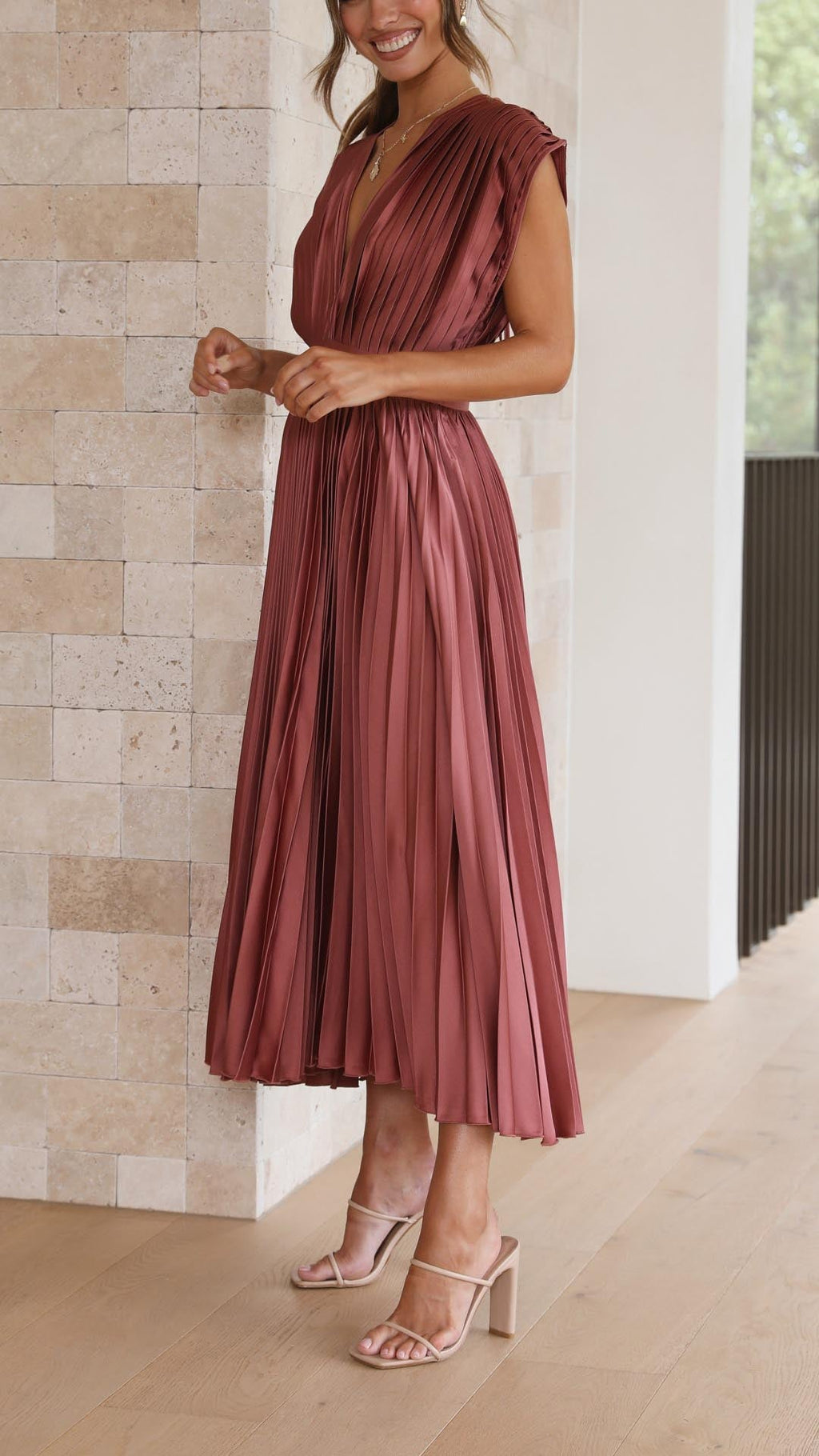 Maria | Pleated V-Neck Maxi Dress for Women