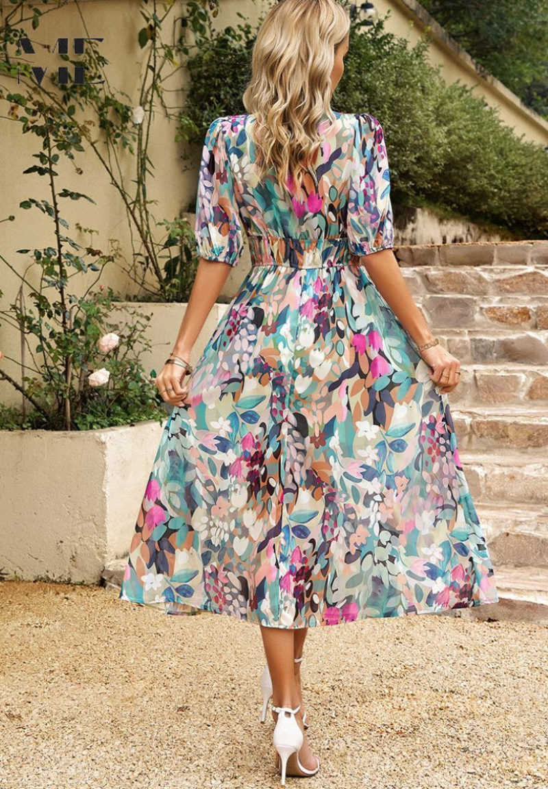 Chloe | Floral V-Neck Midi Dress for Women