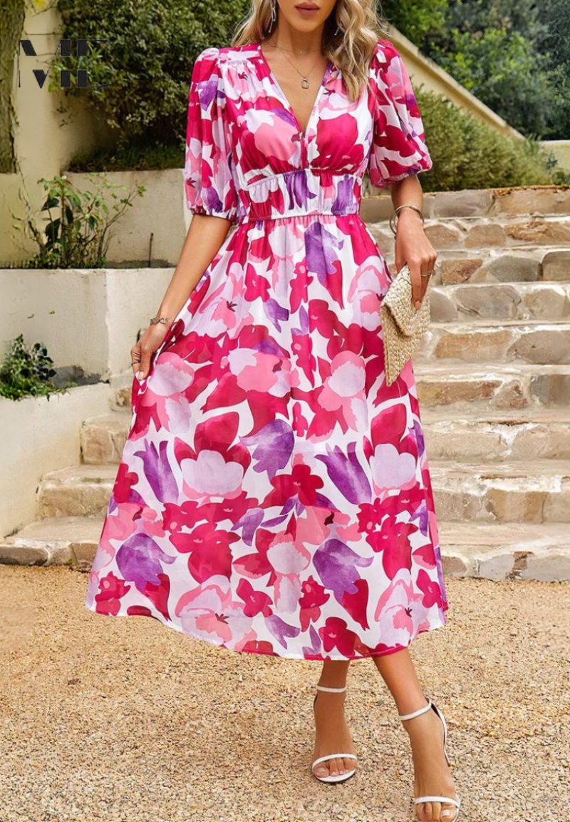 Chloe | Floral V-Neck Midi Dress for Women