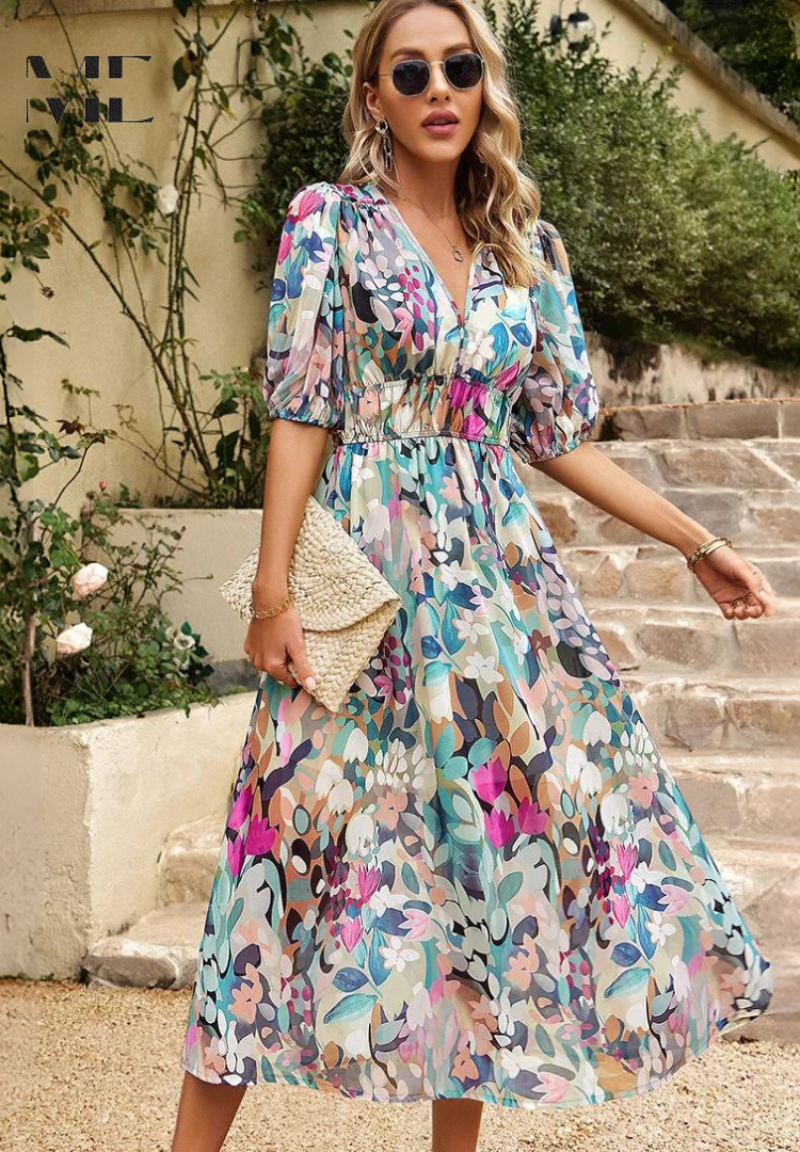 Chloe | Floral V-Neck Midi Dress for Women