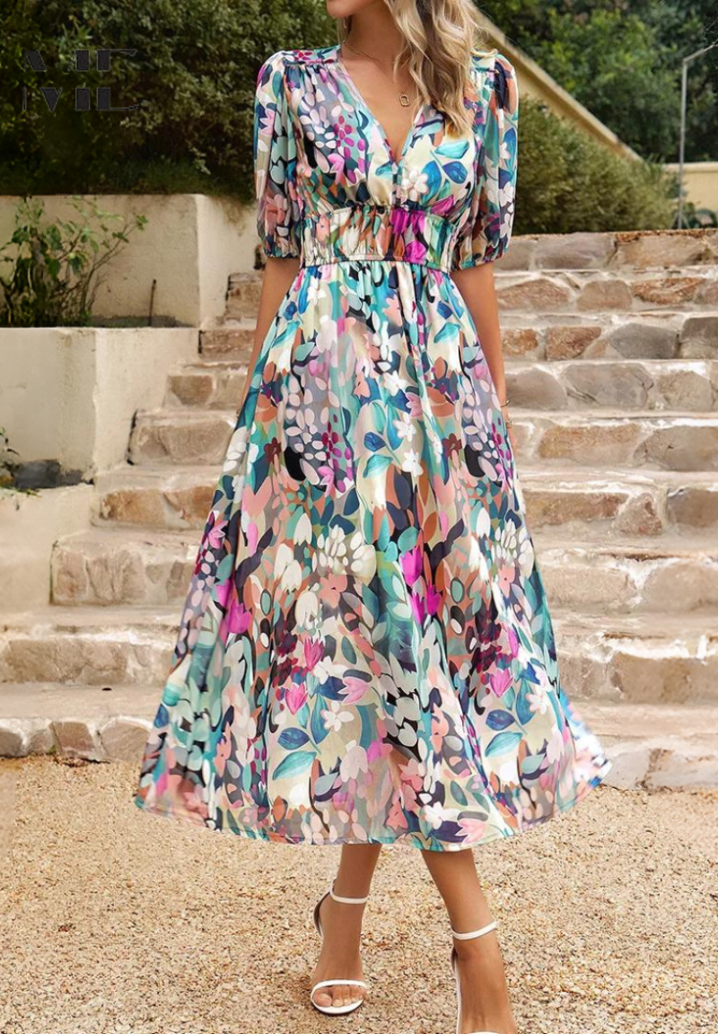Chloe | Floral V-Neck Midi Dress for Women