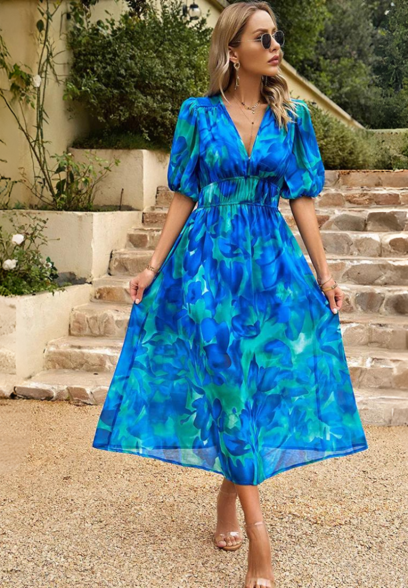 Chloe | Floral V-Neck Midi Dress for Women