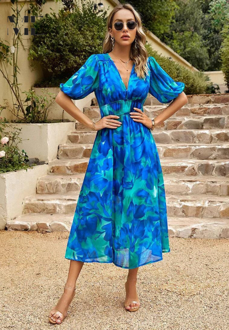 Chloe | Floral V-Neck Midi Dress for Women