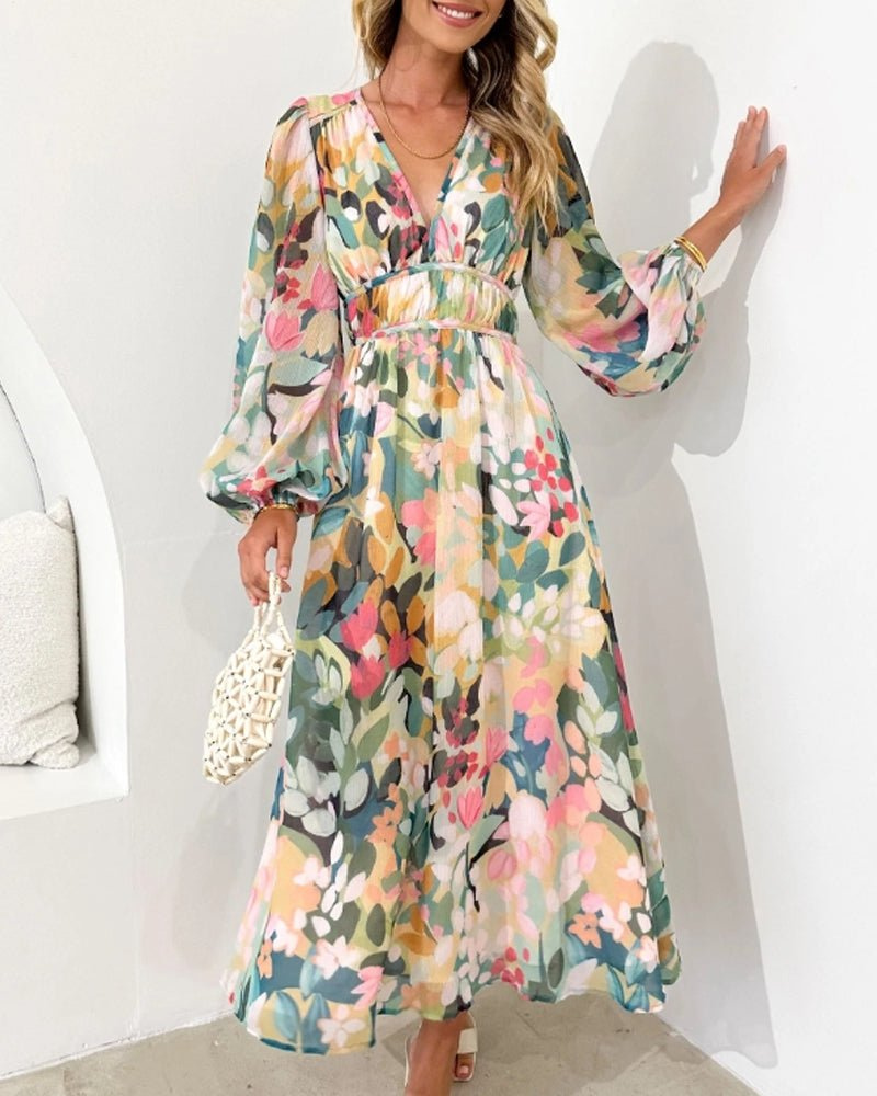 Rhea | Floral V-Neck Puff Sleeve A-Line Midi Dress for Women