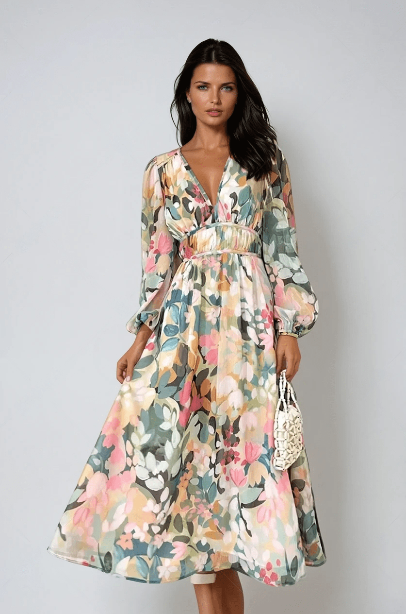 Rhea | Floral V-Neck Puff Sleeve A-Line Midi Dress for Women