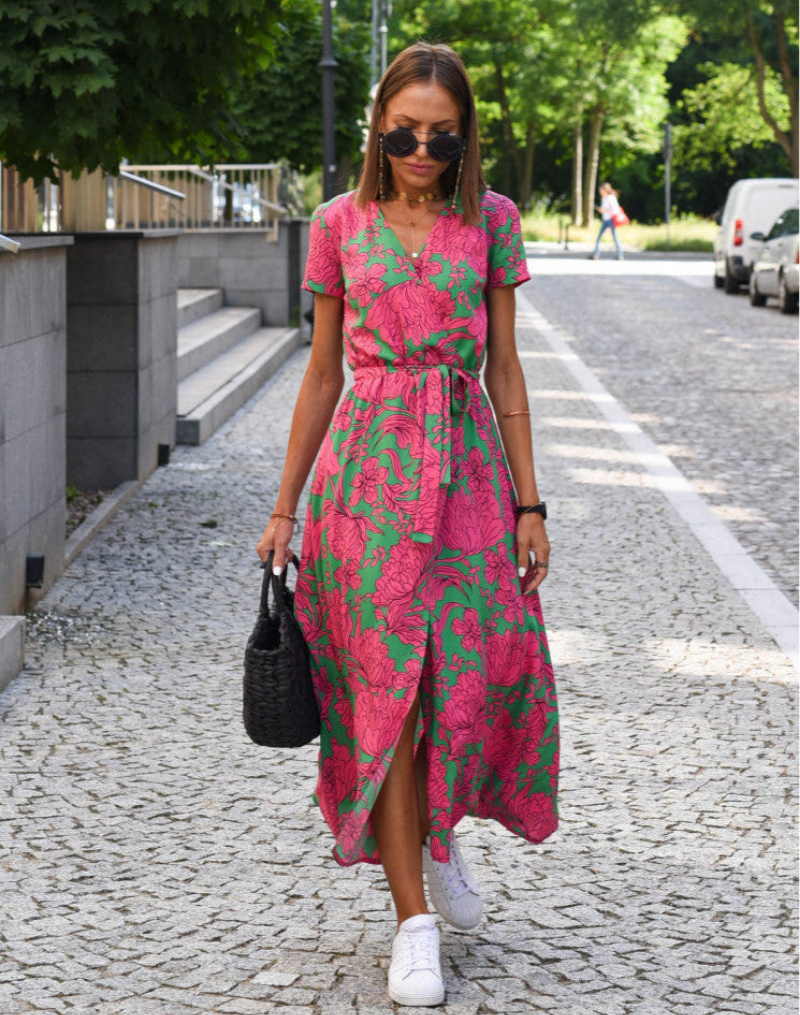 Maple | Floral V-Neck Wrap Midi Dress for Women