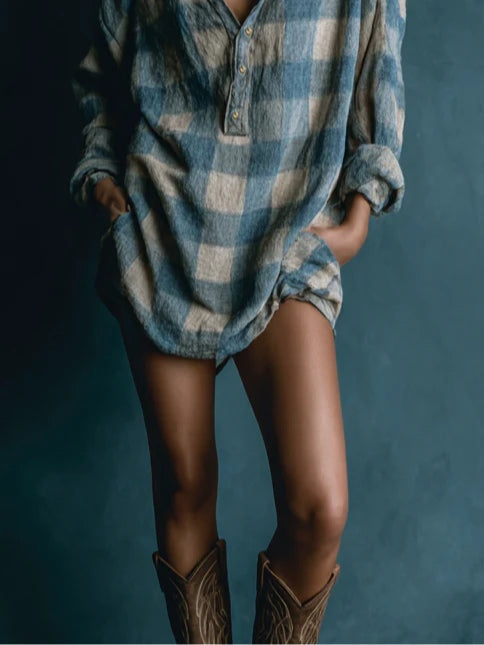 Persephone | Plaid Henley Long Sleeve Mini Dress for Women