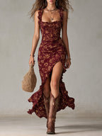Floral A-Line Maxi Dress with Ruffled Sleeves and High Slit for Women