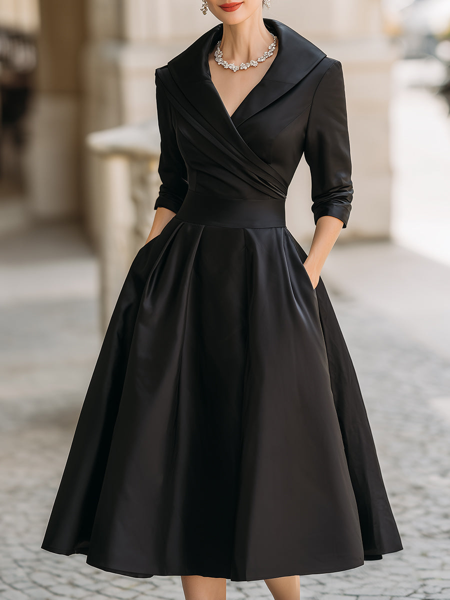 Aphrodite | Wrap V-Neck Midi Dress with Three-Quarter Sleeves for Women