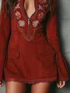 Adelia | Embroidered Bell Sleeve Mini Dress with Lace Trim for Women