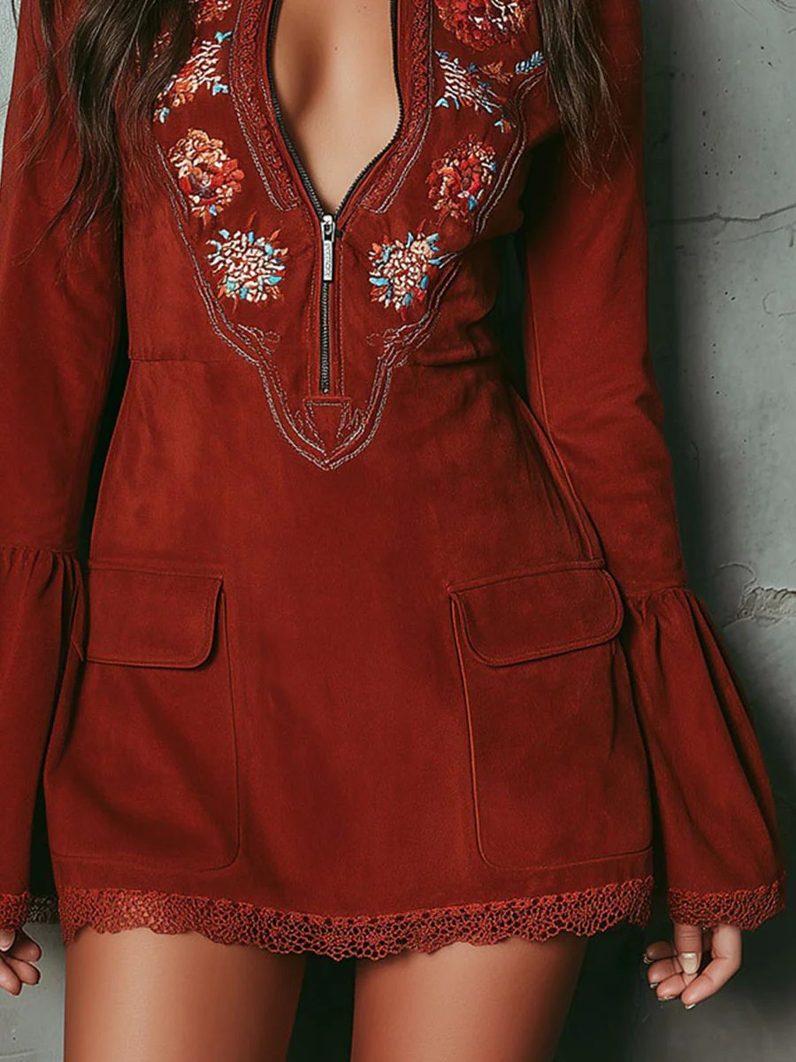 Adelia | Embroidered Bell Sleeve Mini Dress with Lace Trim for Women