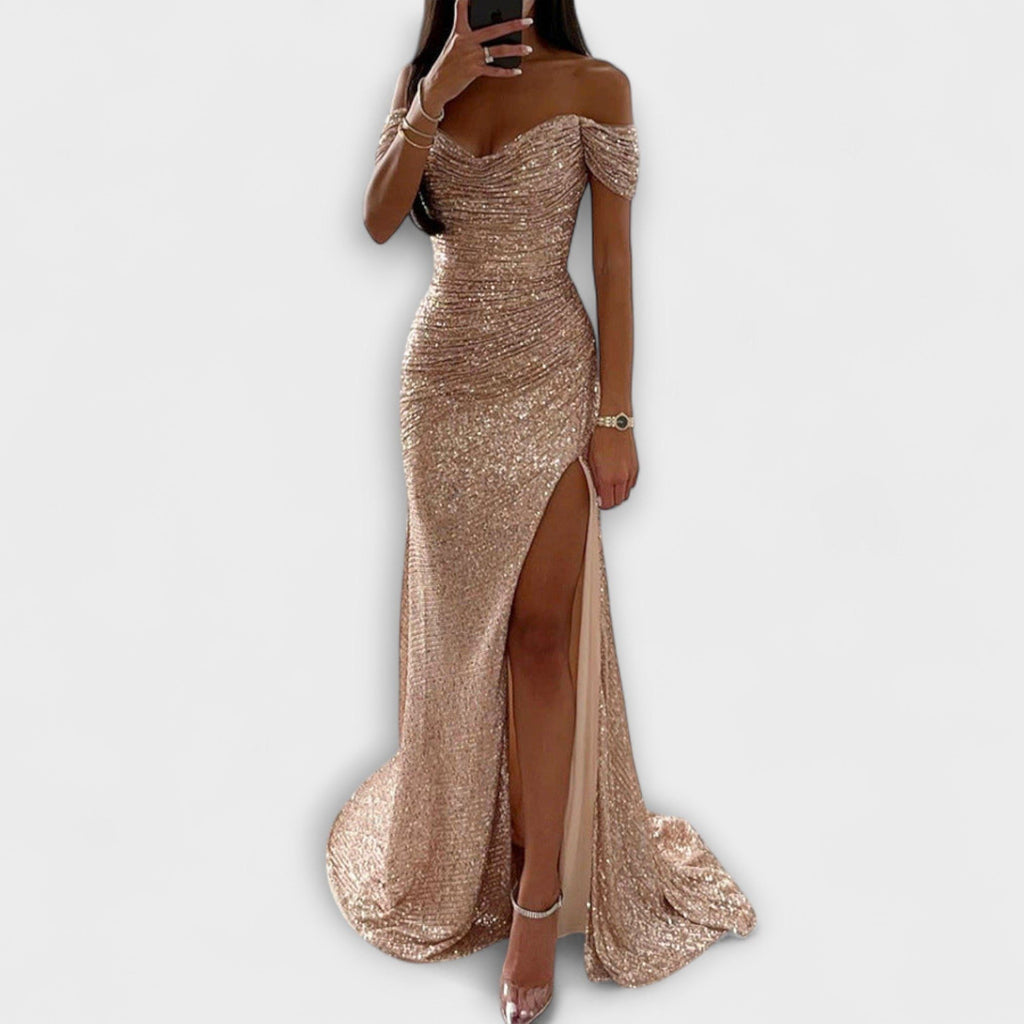 Airlia | Glitter Off-Shoulder Maxi Dress for Women
