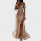 Airlia | Glitter Off-Shoulder Maxi Dress for Women