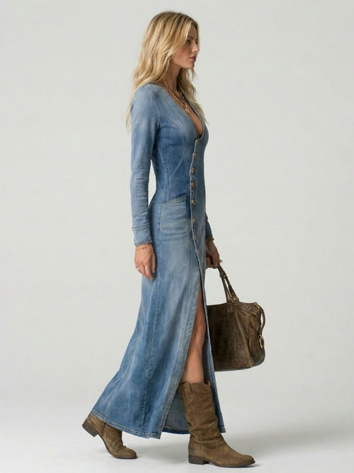 Alira | Denim Maxi Dress with Button-Front for Women