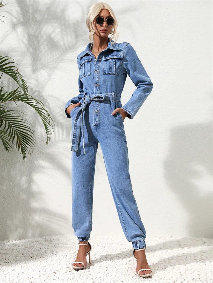 Amabel | Relaxed Denim Jumpsuit with Belt and Long Sleeves for Women