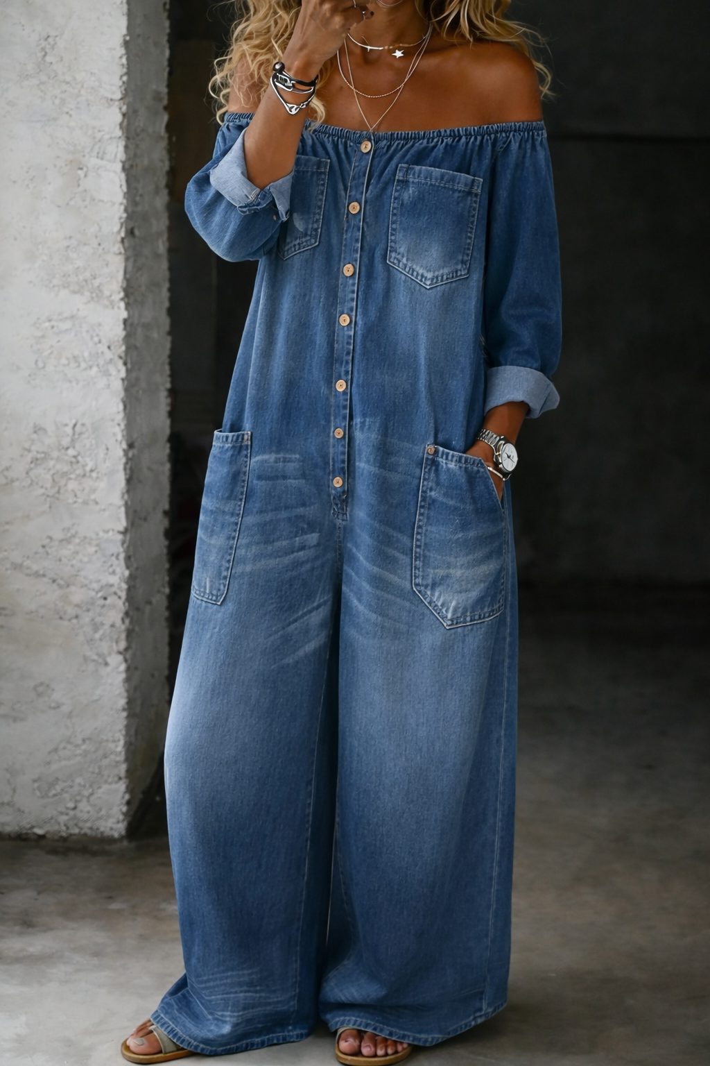 Ana | Off-Shoulder Relaxed Denim Jumpsuit with Long Sleeves for Women