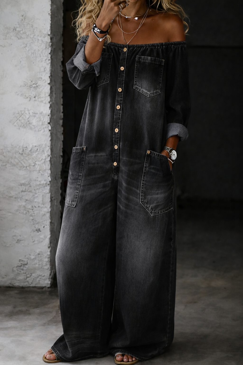 Ana | Off-Shoulder Relaxed Denim Jumpsuit with Long Sleeves for Women