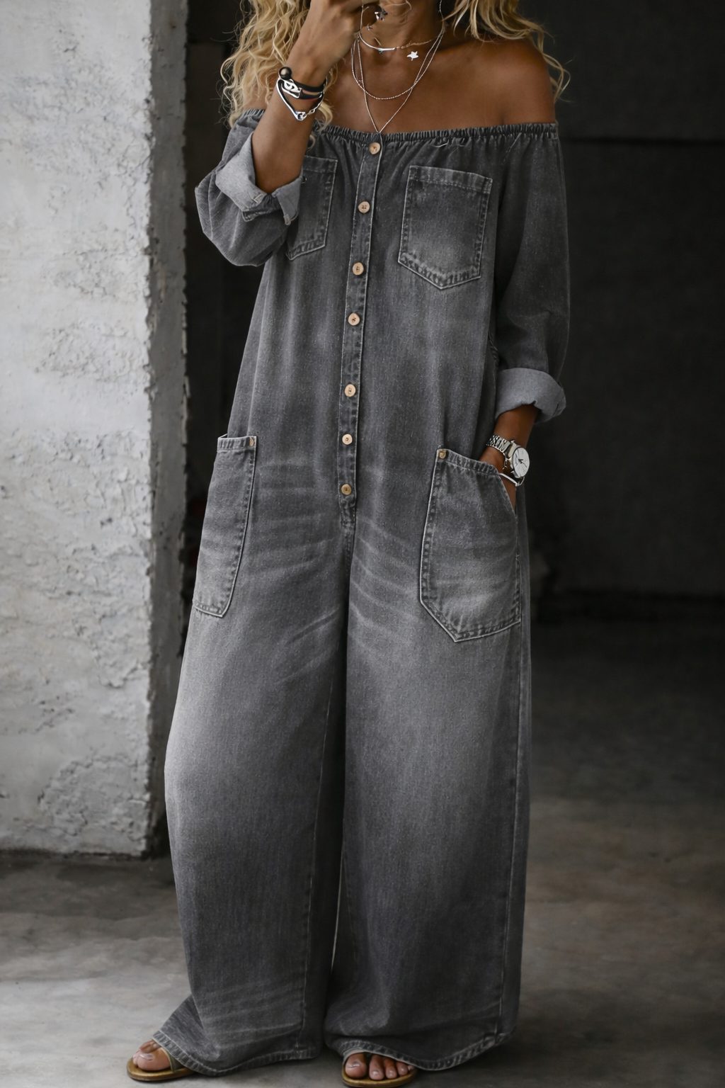 Ana | Off-Shoulder Relaxed Denim Jumpsuit with Long Sleeves for Women