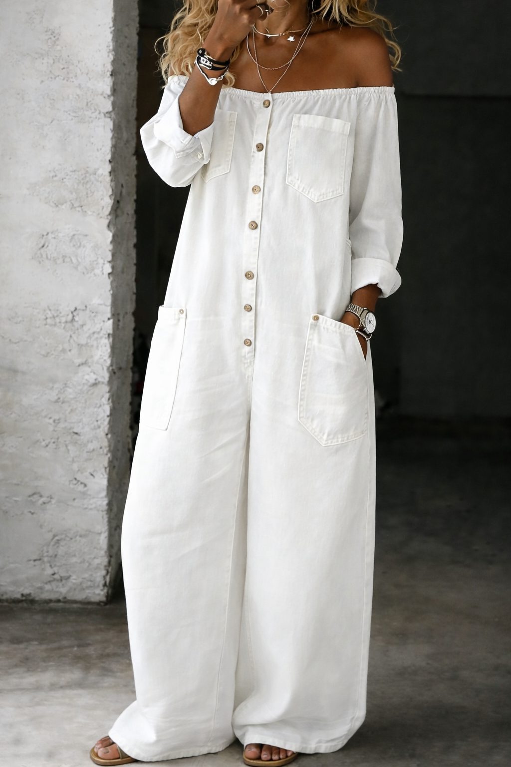 Ana | Off-Shoulder Relaxed Denim Jumpsuit with Long Sleeves for Women