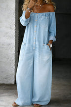 Ana | Off-Shoulder Relaxed Denim Jumpsuit with Long Sleeves for Women