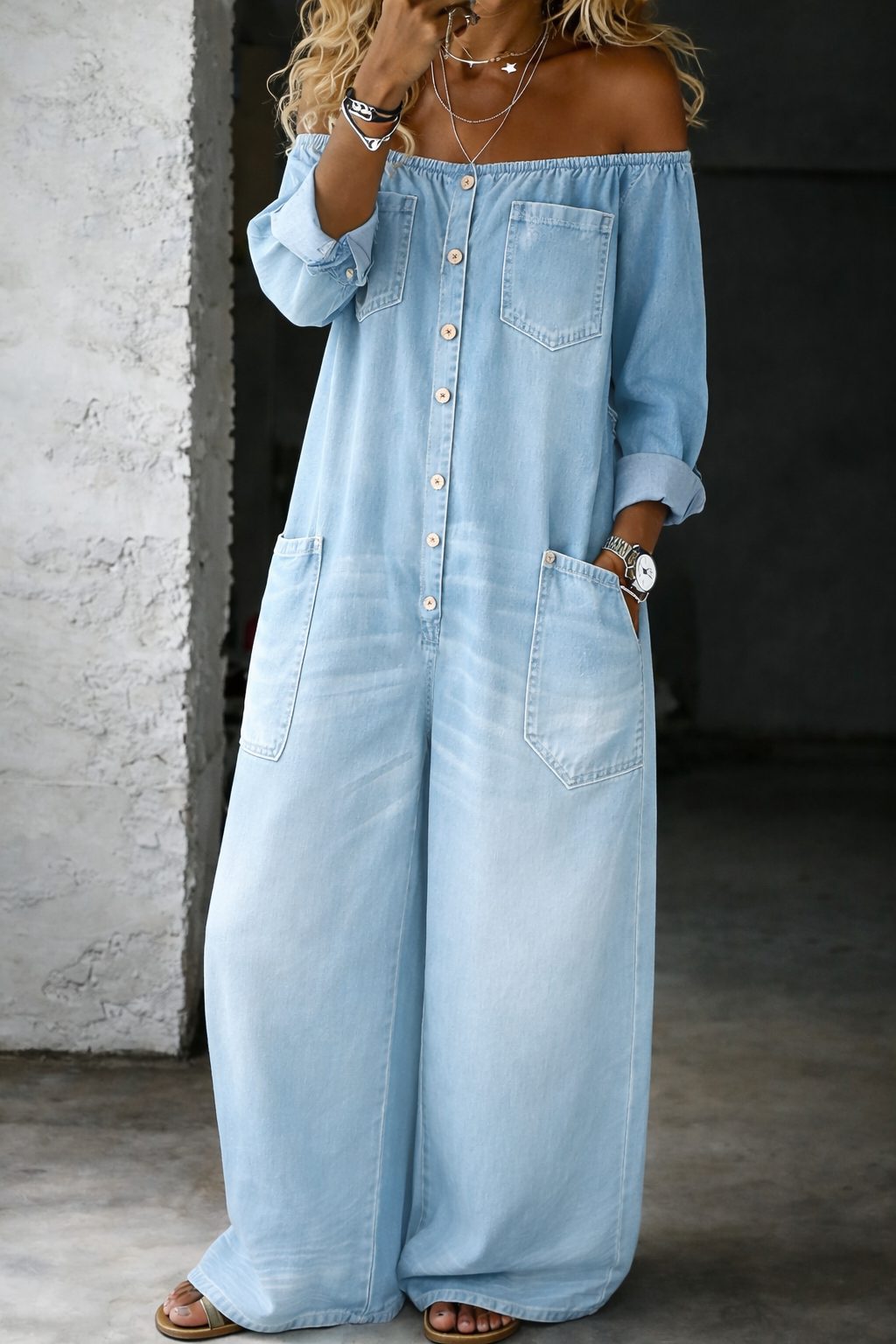 Ana | Off-Shoulder Relaxed Denim Jumpsuit with Long Sleeves for Women