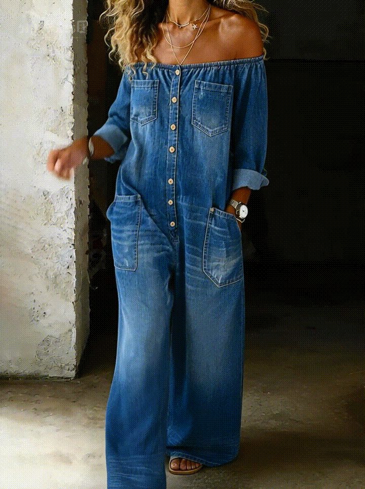 Ana | Off-Shoulder Relaxed Denim Jumpsuit with Long Sleeves for Women