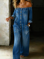 Ana | Off-Shoulder Relaxed Denim Jumpsuit with Long Sleeves for Women