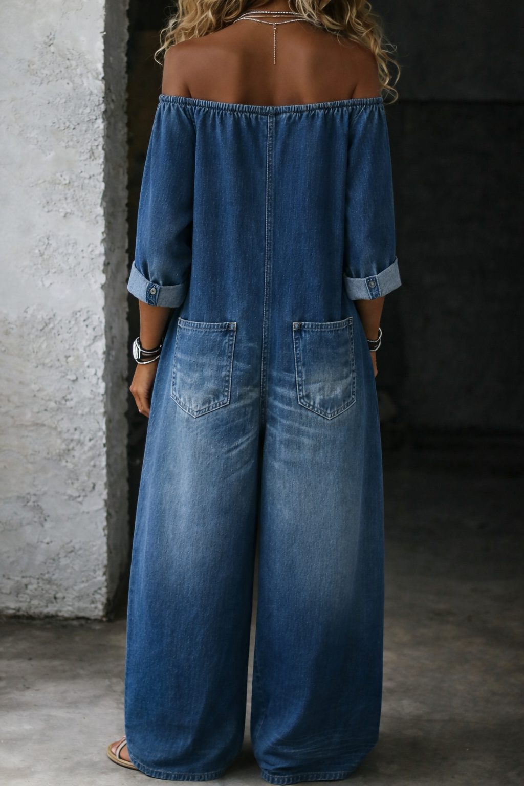 Ana | Off-Shoulder Relaxed Denim Jumpsuit with Long Sleeves for Women