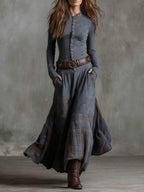 Anca | Patchwork Maxi Dress with Long Sleeves and Belt for Women