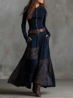 Anca | Patchwork Maxi Dress with Long Sleeves and Belt for Women