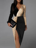 Antoinette | Sequin Midi Dress with Deep V-Neck and Long Sleeves for Women
