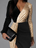Antoinette | Sequin Midi Dress with Deep V-Neck and Long Sleeves for Women