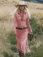Audra | Suede Midi Dress with Zip-Front and Fringe for Women