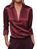 Audrey | Satin V-Neck Blouse with Long Sleeves for Women