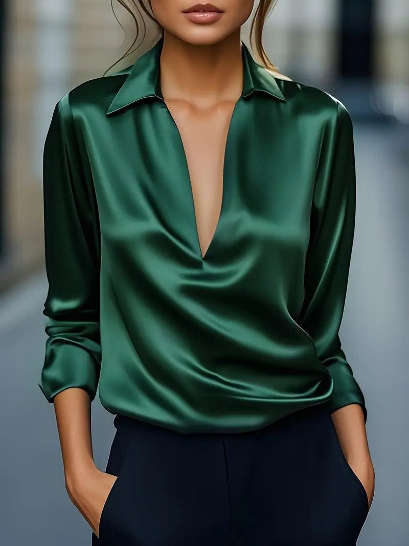 Audrey | Satin V-Neck Blouse with Long Sleeves for Women