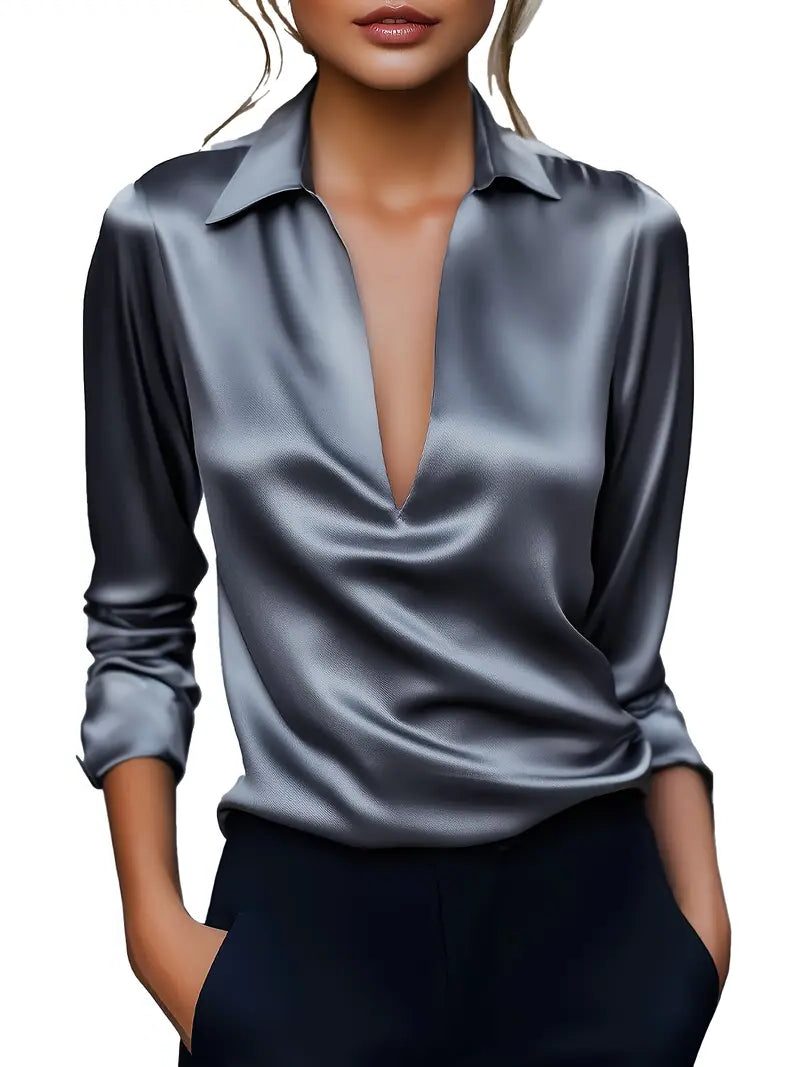 Audrey | Satin V-Neck Blouse with Long Sleeves for Women