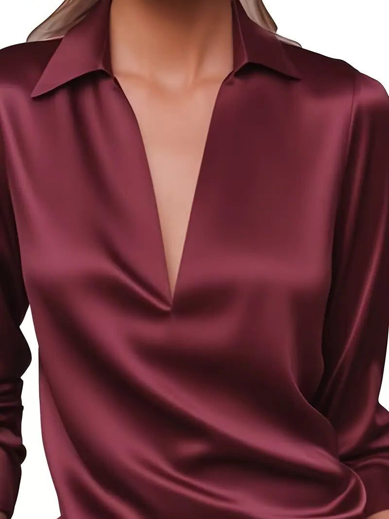 Audrey | Satin V-Neck Blouse with Long Sleeves for Women