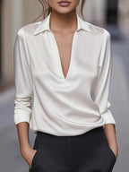 Audrey | Satin V-Neck Blouse with Long Sleeves for Women