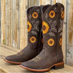 Bellatrix | Western Cowboy Boots with Square Toe and Sunflower Embroidery for Women