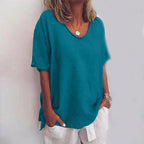 Loose Blouse with V-Neck and Short Sleeves for Women