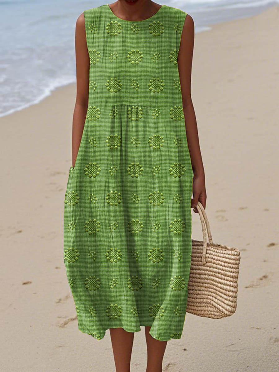 Sleeveless A-Line Midi Dress with Round Neck for Women