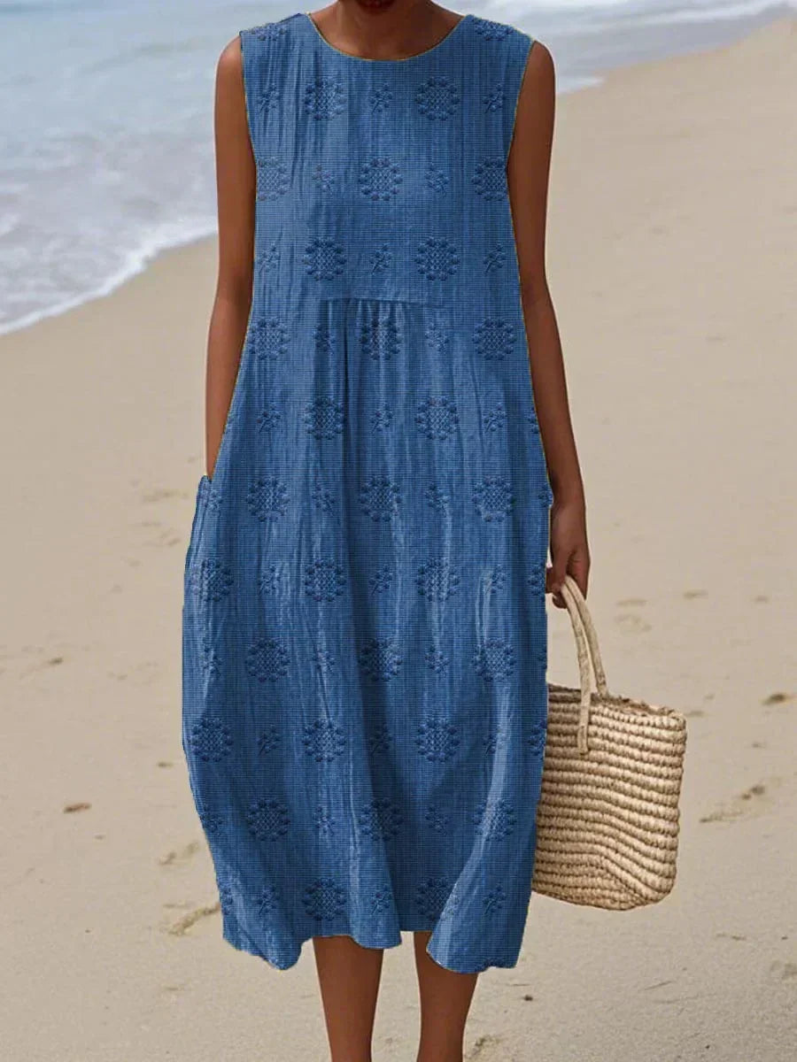 Sleeveless A-Line Midi Dress with Round Neck for Women