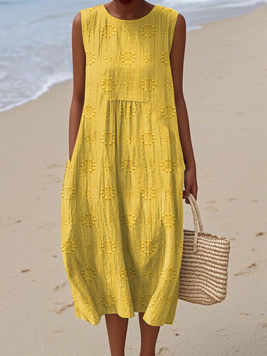 Sleeveless A-Line Midi Dress with Round Neck for Women