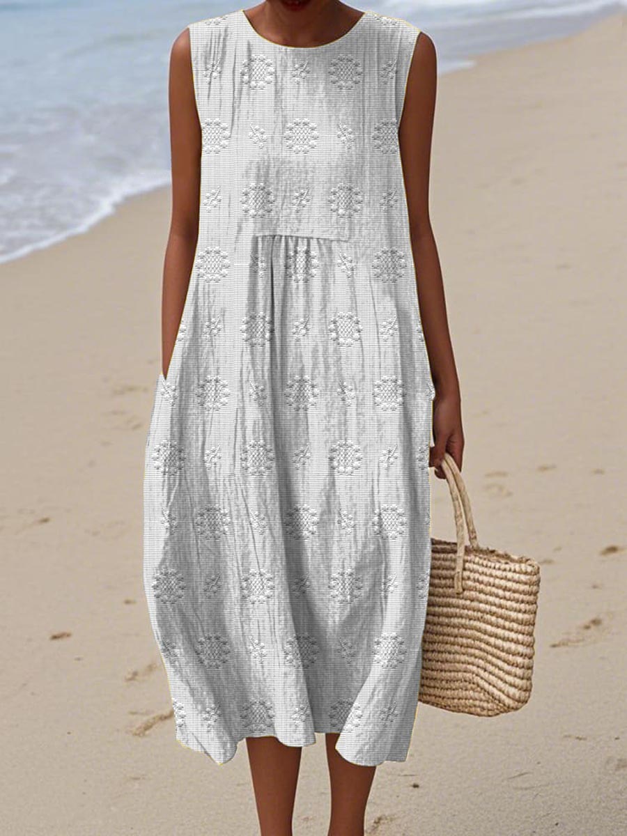 Sleeveless A-Line Midi Dress with Round Neck for Women