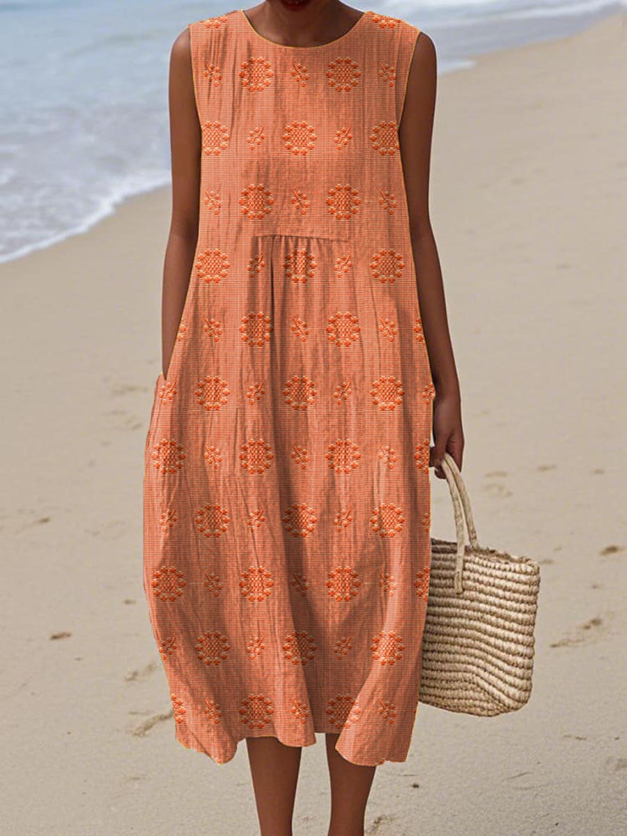 Sleeveless A-Line Midi Dress with Round Neck for Women
