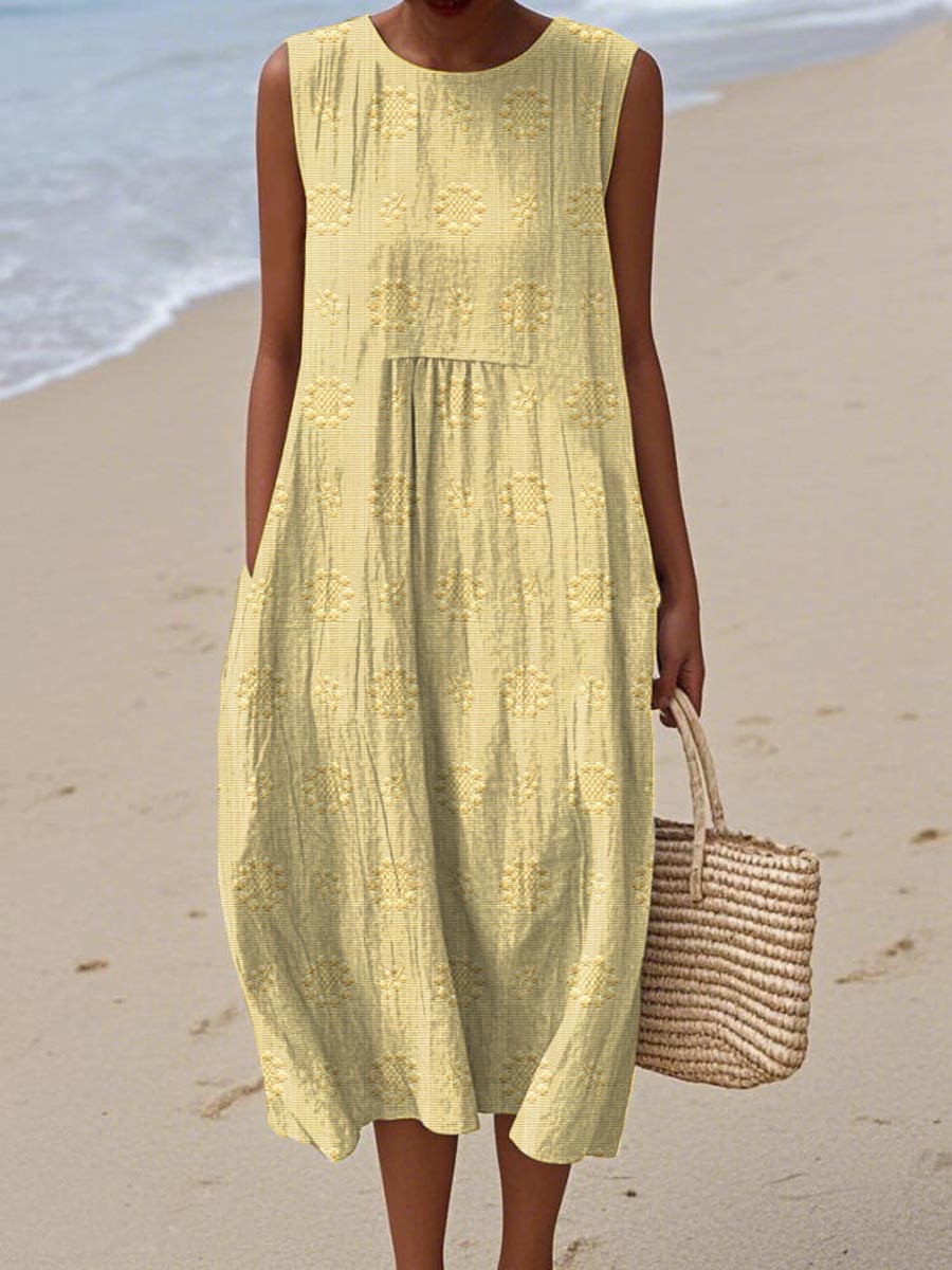 Sleeveless A-Line Midi Dress with Round Neck for Women