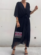 Flutter Sleeve Midi Dress with V-Neck and Belt for Women