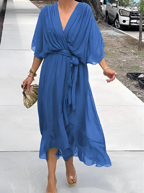 Flutter Sleeve Midi Dress with V-Neck and Belt for Women