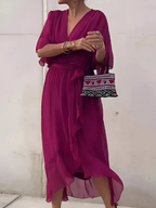 Flutter Sleeve Midi Dress with V-Neck and Belt for Women