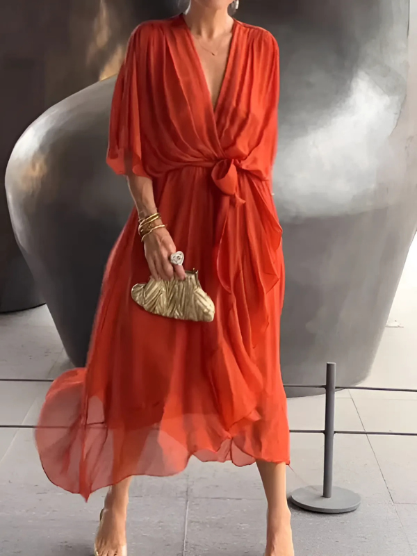 Flutter Sleeve Midi Dress with V-Neck and Belt for Women